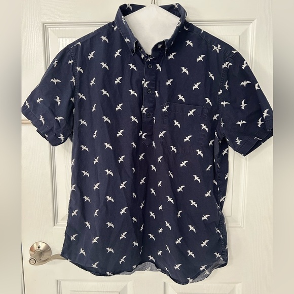 Men’s Navy Flying Bird Cotton Twill 3/4 Button Down Collar Shirt Size Large - Picture 2 of 7